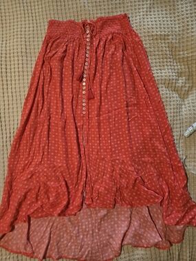 Red High-Low Button Front Maxi Skirt with Smocked Waist